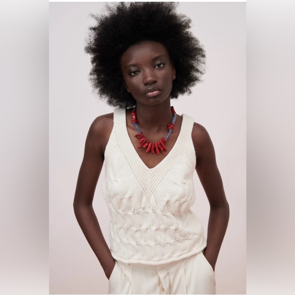 Zara Knit Chunky Crochet V Neck Sleeveless Tank Top Ivory